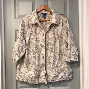 Napa Valley Women's 2X Linen Rayon Floral Embroidered Beige Short Sleeve Shacket